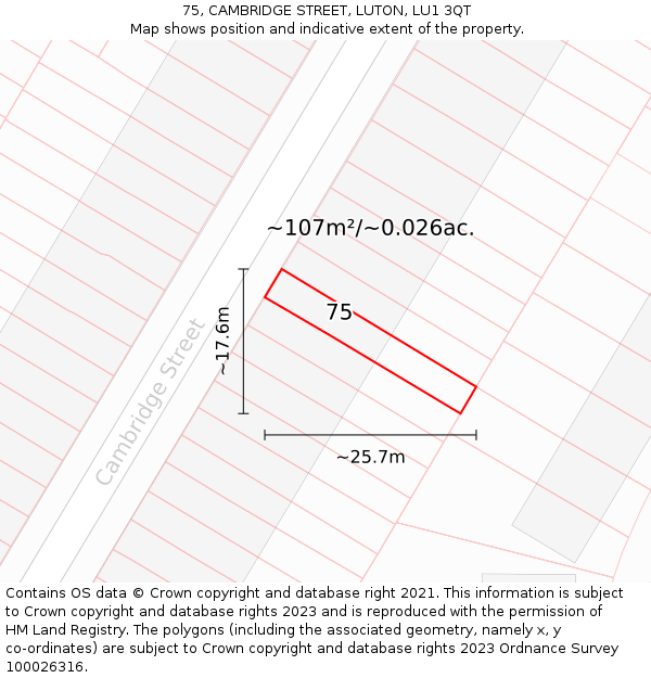 75, CAMBRIDGE STREET, LUTON, LU1 3QT: Plot and title map