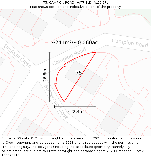 75, CAMPION ROAD, HATFIELD, AL10 9FL: Plot and title map