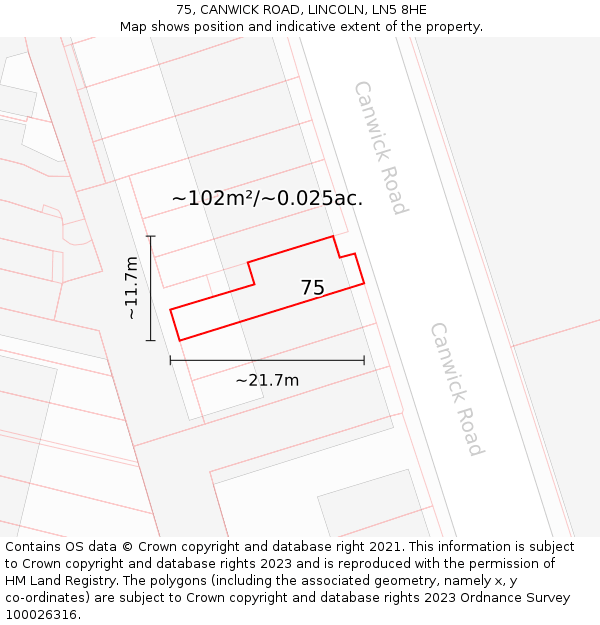 75, CANWICK ROAD, LINCOLN, LN5 8HE: Plot and title map