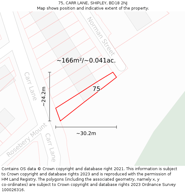 75, CARR LANE, SHIPLEY, BD18 2NJ: Plot and title map