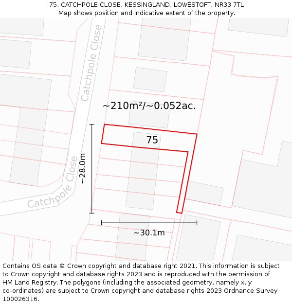 75, CATCHPOLE CLOSE, KESSINGLAND, LOWESTOFT, NR33 7TL: Plot and title map