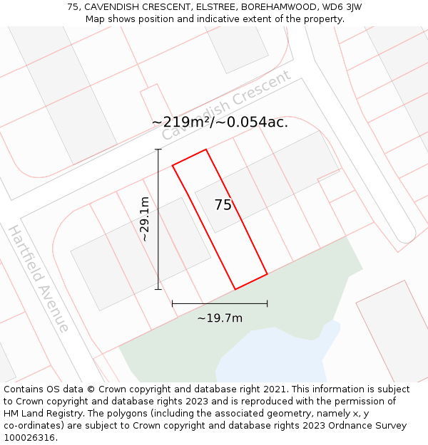 75, CAVENDISH CRESCENT, ELSTREE, BOREHAMWOOD, WD6 3JW: Plot and title map