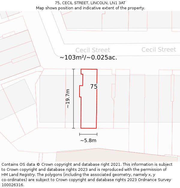 75, CECIL STREET, LINCOLN, LN1 3AT: Plot and title map