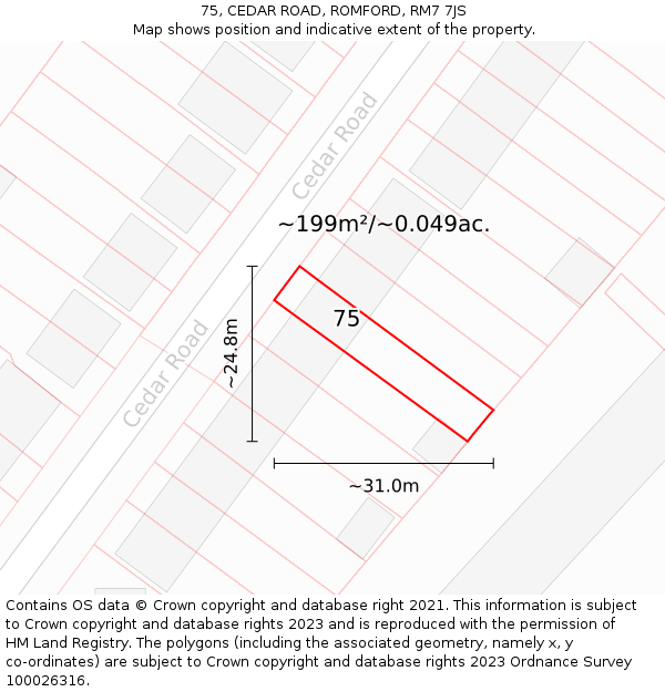 75, CEDAR ROAD, ROMFORD, RM7 7JS: Plot and title map