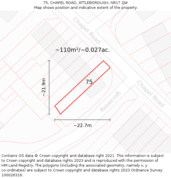 75, CHAPEL ROAD, ATTLEBOROUGH, NR17 2JW: Plot and title map