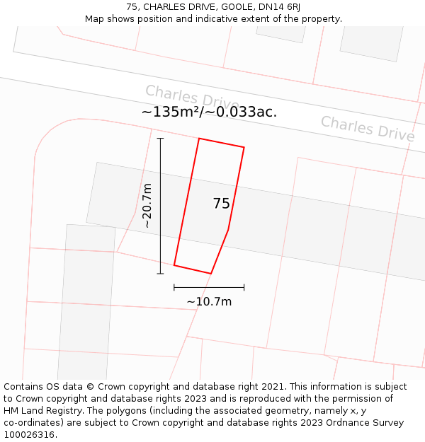 75, CHARLES DRIVE, GOOLE, DN14 6RJ: Plot and title map
