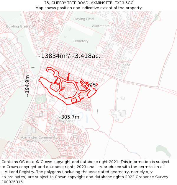 75, CHERRY TREE ROAD, AXMINSTER, EX13 5GG: Plot and title map