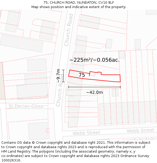 75, CHURCH ROAD, NUNEATON, CV10 8LF: Plot and title map