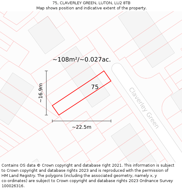 75, CLAVERLEY GREEN, LUTON, LU2 8TB: Plot and title map