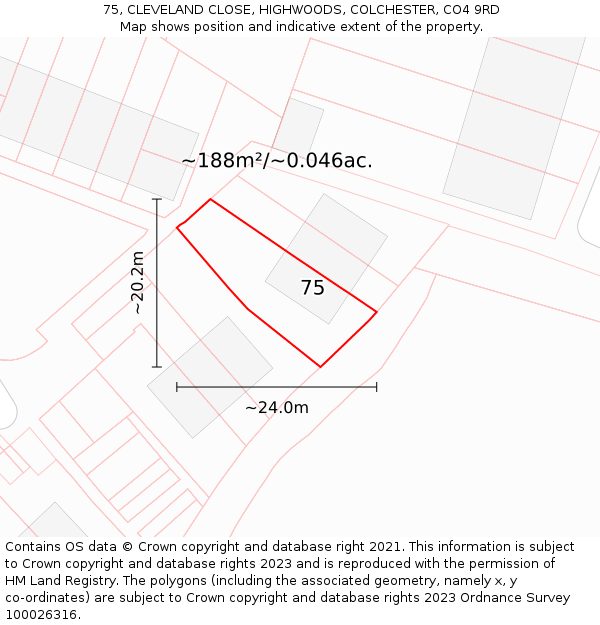 75, CLEVELAND CLOSE, HIGHWOODS, COLCHESTER, CO4 9RD: Plot and title map