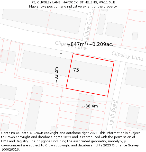 75, CLIPSLEY LANE, HAYDOCK, ST HELENS, WA11 0UE: Plot and title map