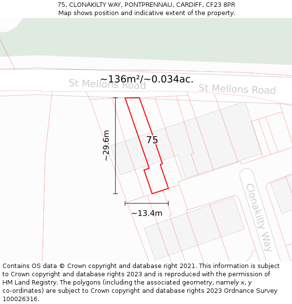 75, CLONAKILTY WAY, PONTPRENNAU, CARDIFF, CF23 8PR: Plot and title map