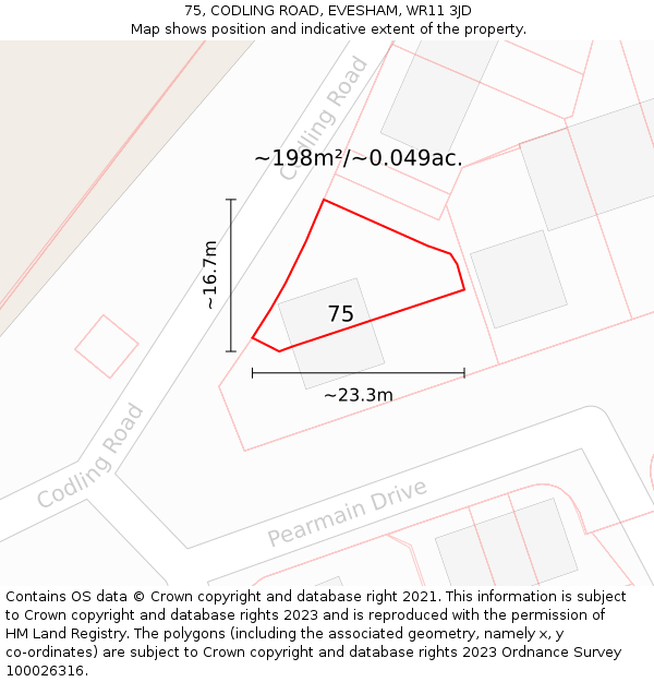 75, CODLING ROAD, EVESHAM, WR11 3JD: Plot and title map