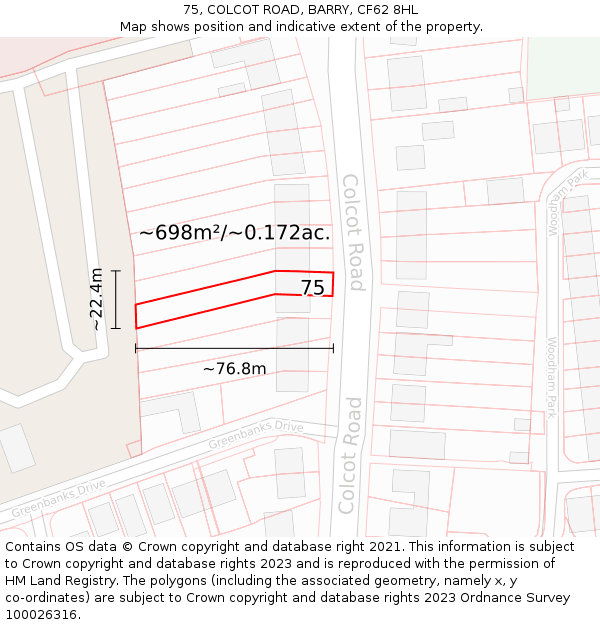 75, COLCOT ROAD, BARRY, CF62 8HL: Plot and title map