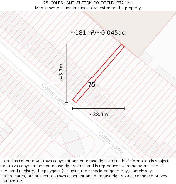 75, COLES LANE, SUTTON COLDFIELD, B72 1NH: Plot and title map