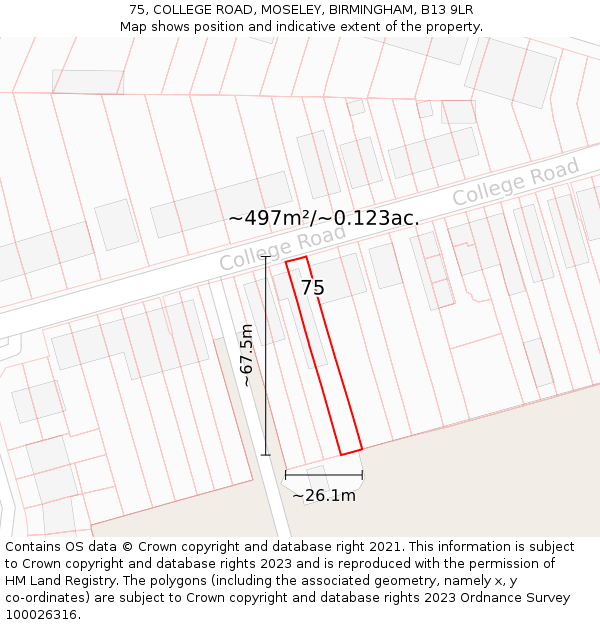 75, COLLEGE ROAD, MOSELEY, BIRMINGHAM, B13 9LR: Plot and title map