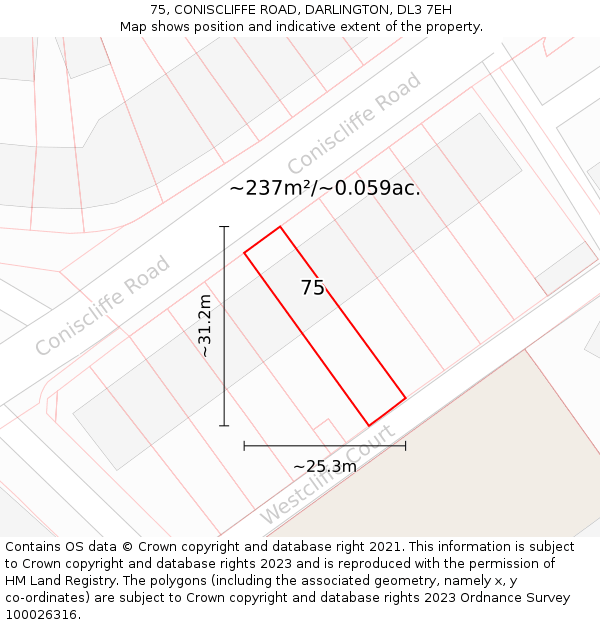 75, CONISCLIFFE ROAD, DARLINGTON, DL3 7EH: Plot and title map