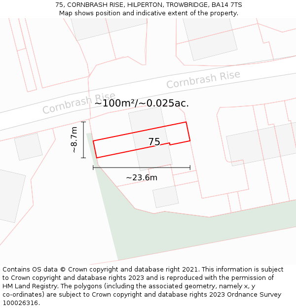 75, CORNBRASH RISE, HILPERTON, TROWBRIDGE, BA14 7TS: Plot and title map