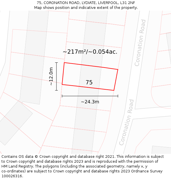 75, CORONATION ROAD, LYDIATE, LIVERPOOL, L31 2NF: Plot and title map