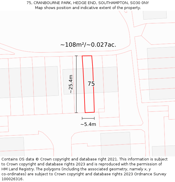 75, CRANBOURNE PARK, HEDGE END, SOUTHAMPTON, SO30 0NY: Plot and title map