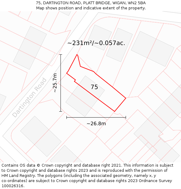 75, DARTINGTON ROAD, PLATT BRIDGE, WIGAN, WN2 5BA: Plot and title map