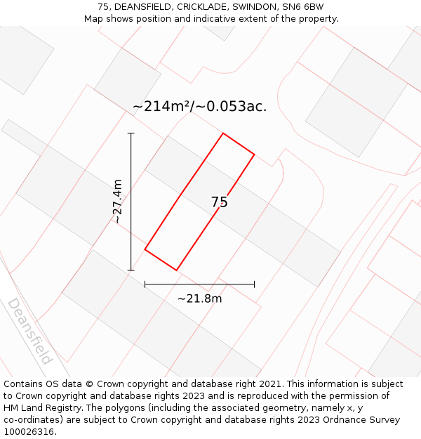 75, DEANSFIELD, CRICKLADE, SWINDON, SN6 6BW: Plot and title map