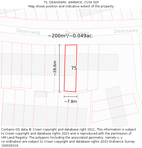 75, DEANSWAY, WARWICK, CV34 5DF: Plot and title map