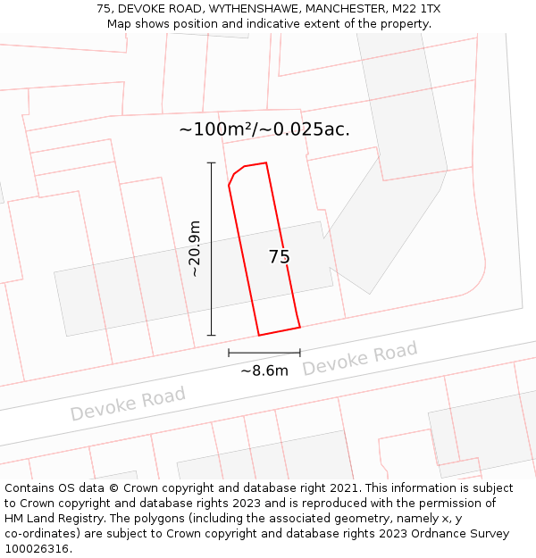 75, DEVOKE ROAD, WYTHENSHAWE, MANCHESTER, M22 1TX: Plot and title map