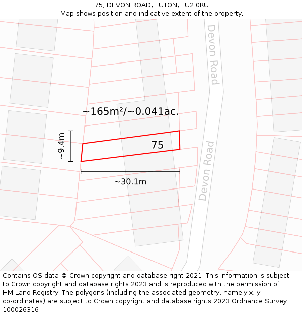 75, DEVON ROAD, LUTON, LU2 0RU: Plot and title map