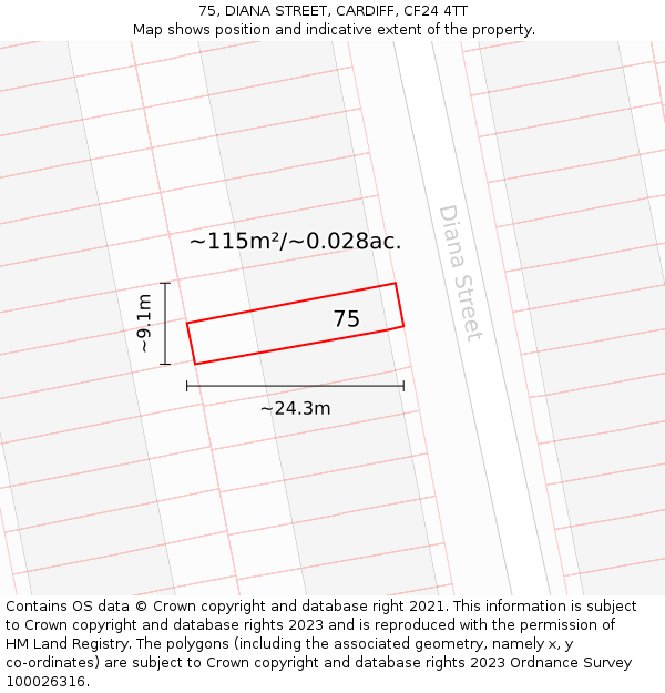 75, DIANA STREET, CARDIFF, CF24 4TT: Plot and title map