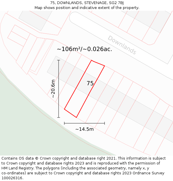 75, DOWNLANDS, STEVENAGE, SG2 7BJ: Plot and title map