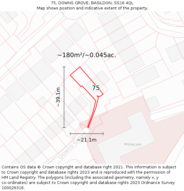 75, DOWNS GROVE, BASILDON, SS16 4QL: Plot and title map