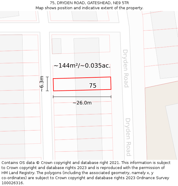 75, DRYDEN ROAD, GATESHEAD, NE9 5TR: Plot and title map