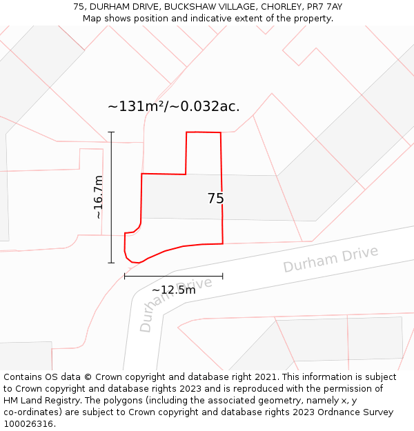 75, DURHAM DRIVE, BUCKSHAW VILLAGE, CHORLEY, PR7 7AY: Plot and title map