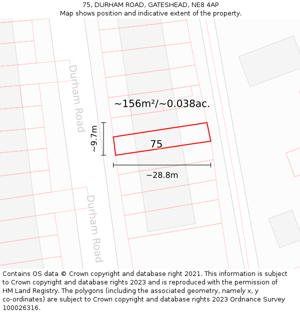 75, DURHAM ROAD, GATESHEAD, NE8 4AP: Plot and title map