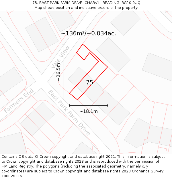 75, EAST PARK FARM DRIVE, CHARVIL, READING, RG10 9UQ: Plot and title map