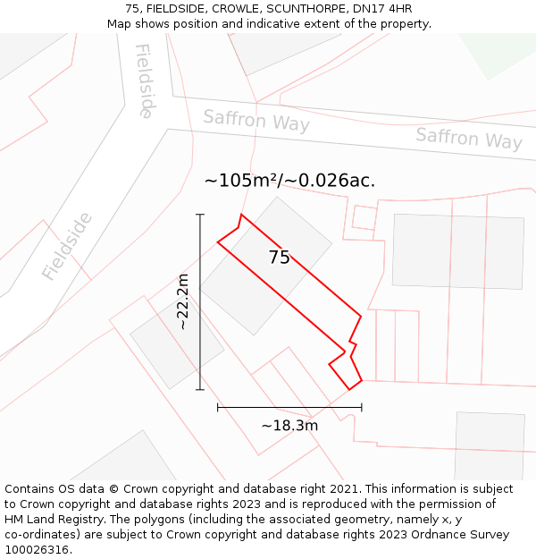 75, FIELDSIDE, CROWLE, SCUNTHORPE, DN17 4HR: Plot and title map