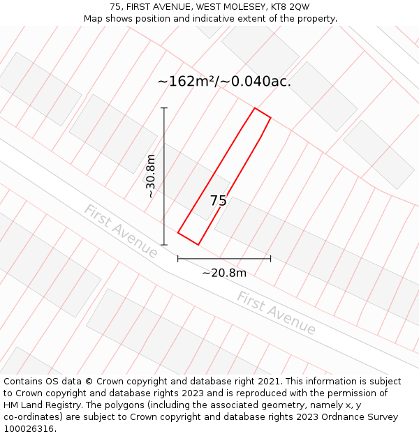 75, FIRST AVENUE, WEST MOLESEY, KT8 2QW: Plot and title map