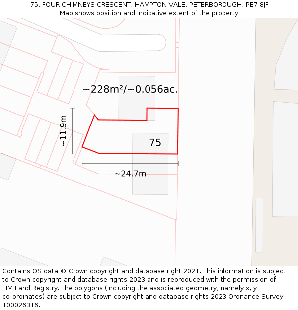 75, FOUR CHIMNEYS CRESCENT, HAMPTON VALE, PETERBOROUGH, PE7 8JF: Plot and title map