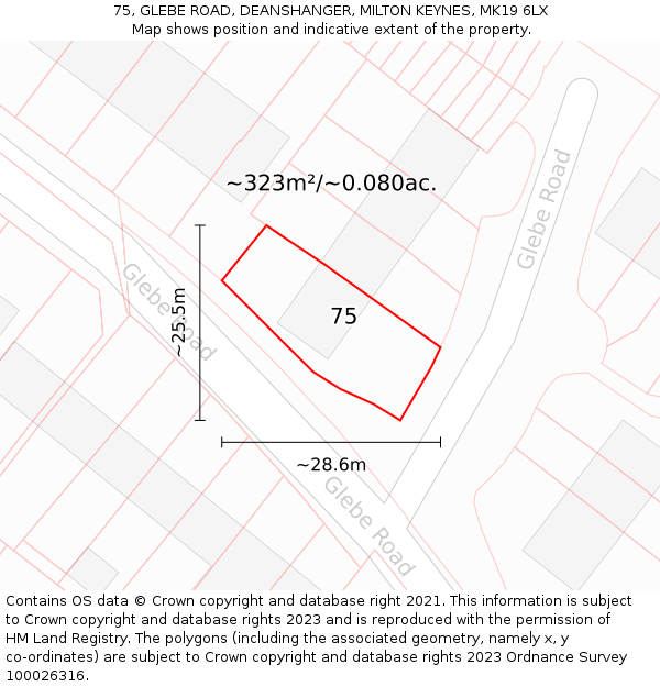 75, GLEBE ROAD, DEANSHANGER, MILTON KEYNES, MK19 6LX: Plot and title map