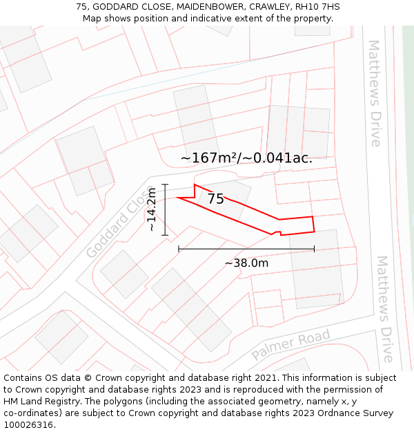 75, GODDARD CLOSE, MAIDENBOWER, CRAWLEY, RH10 7HS: Plot and title map