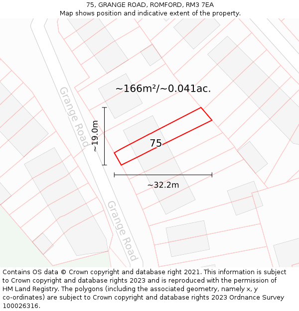 75, GRANGE ROAD, ROMFORD, RM3 7EA: Plot and title map