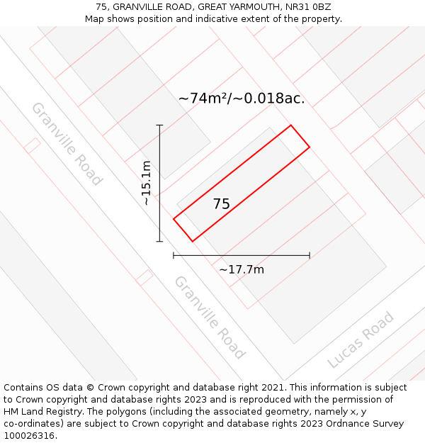 75, GRANVILLE ROAD, GREAT YARMOUTH, NR31 0BZ: Plot and title map