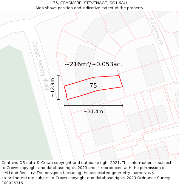 75, GRASMERE, STEVENAGE, SG1 6AU: Plot and title map
