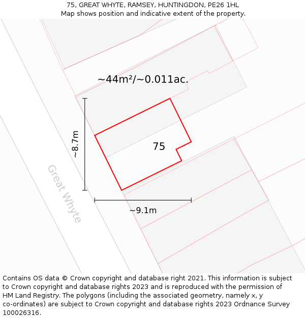 75, GREAT WHYTE, RAMSEY, HUNTINGDON, PE26 1HL: Plot and title map