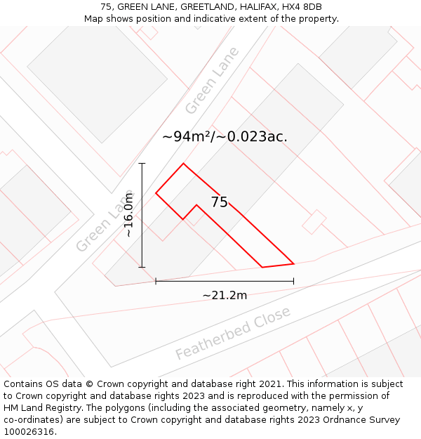75, GREEN LANE, GREETLAND, HALIFAX, HX4 8DB: Plot and title map
