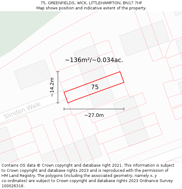 75, GREENFIELDS, WICK, LITTLEHAMPTON, BN17 7HF: Plot and title map