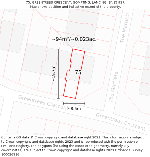 75, GREENTREES CRESCENT, SOMPTING, LANCING, BN15 9SR: Plot and title map
