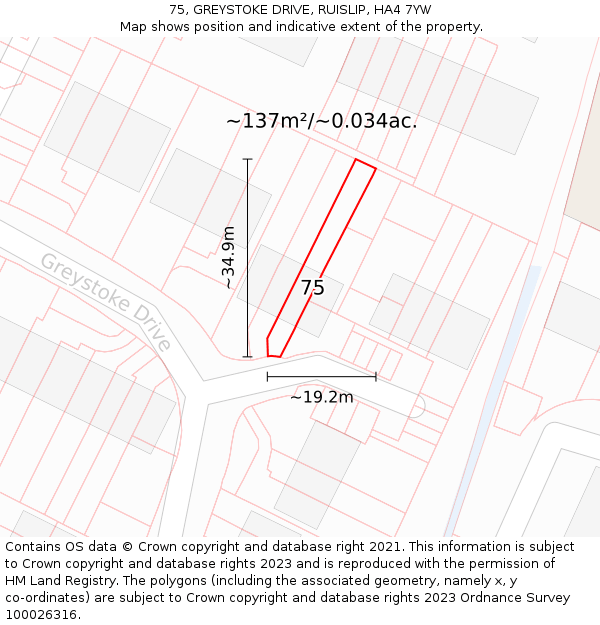 75, GREYSTOKE DRIVE, RUISLIP, HA4 7YW: Plot and title map