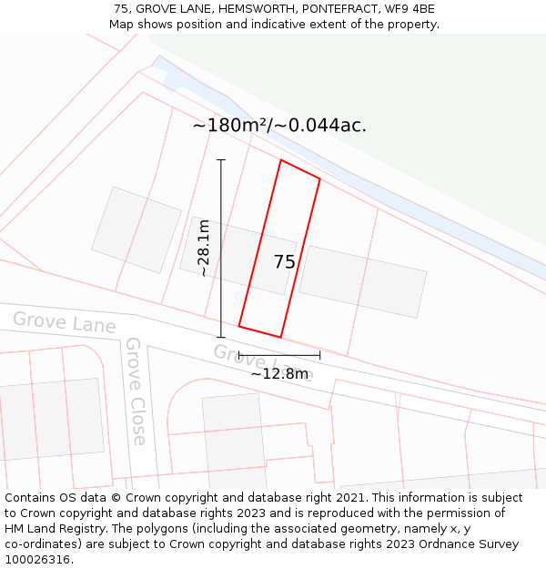 75, GROVE LANE, HEMSWORTH, PONTEFRACT, WF9 4BE: Plot and title map